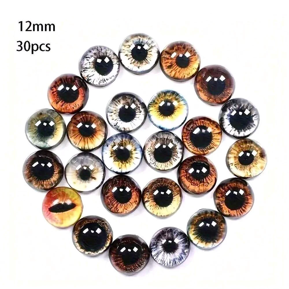6/8/12/16 mm Puppenaugen, Katzenaugen, Glasaugen, rundes Cabochonauge, gemischt bedruckt, halbrunde Augen, 30 Stück, Mini-Tieraugen für Puppen-Requisiten