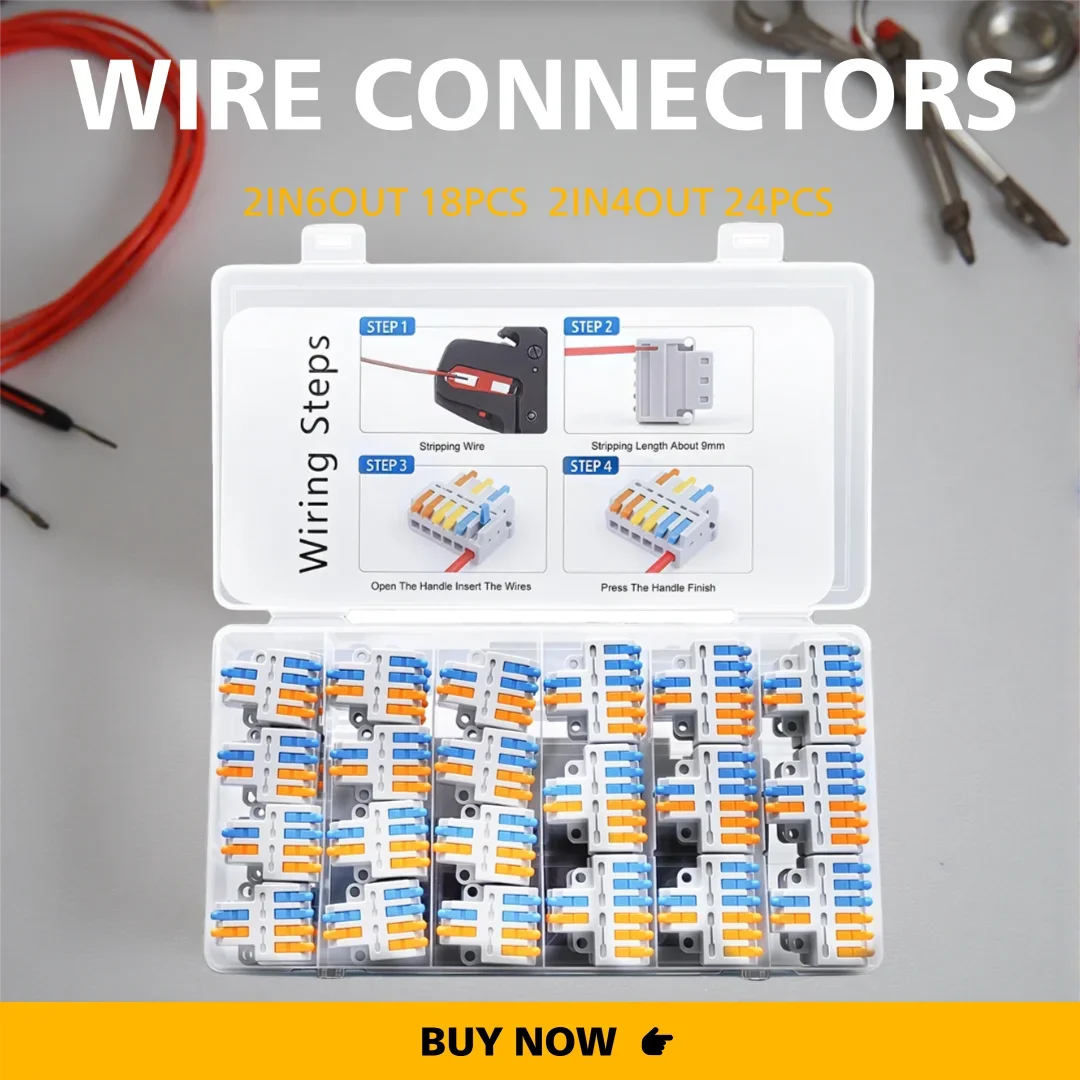

TOMZN Lever Wire Connectors 2IN 6OUT 18PCS 2IN 4OUT 24PCS 28-14AWG Blue + Orange Quick Terminal Block