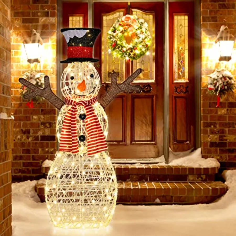 Christmas Outdoor Lighted Snowman Yard Decorations, PVC White Snowman with 80 Warm White LED Lights, Includes Ground Stakes and