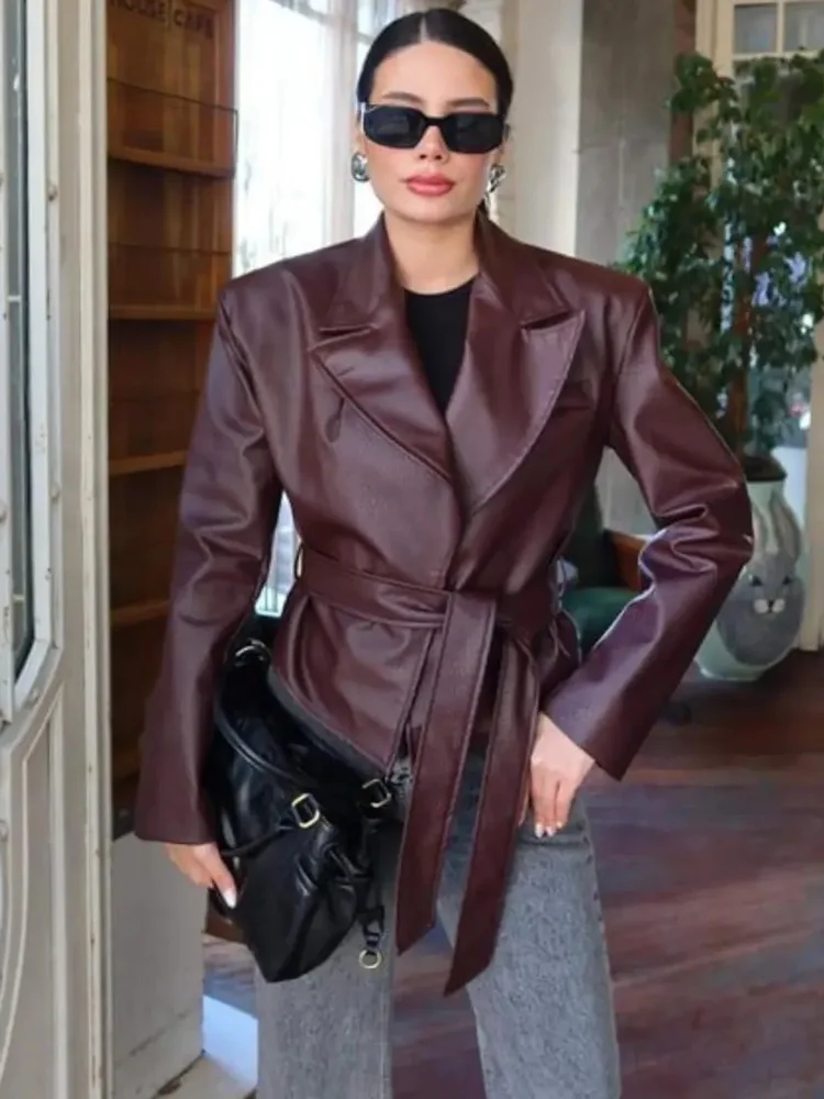 Tossy Autumn Lace-Up PU Jackets Outwear Female Lapel Solid Casual Commute Bandage 2025 New Patchwork Coats Women's PU Jackets