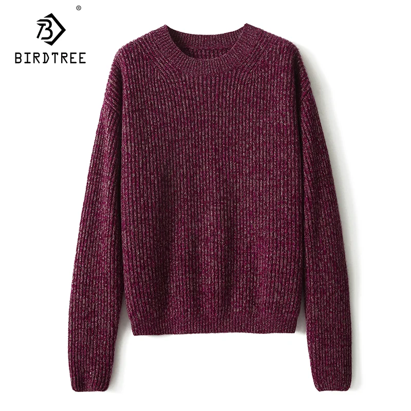 Birdtree-Elegant Pullovers For Women, Sheep Wool Cashmere, Bright Thread, Fashion Heavy Sweater, Autumn Winter Clothes T40319QM