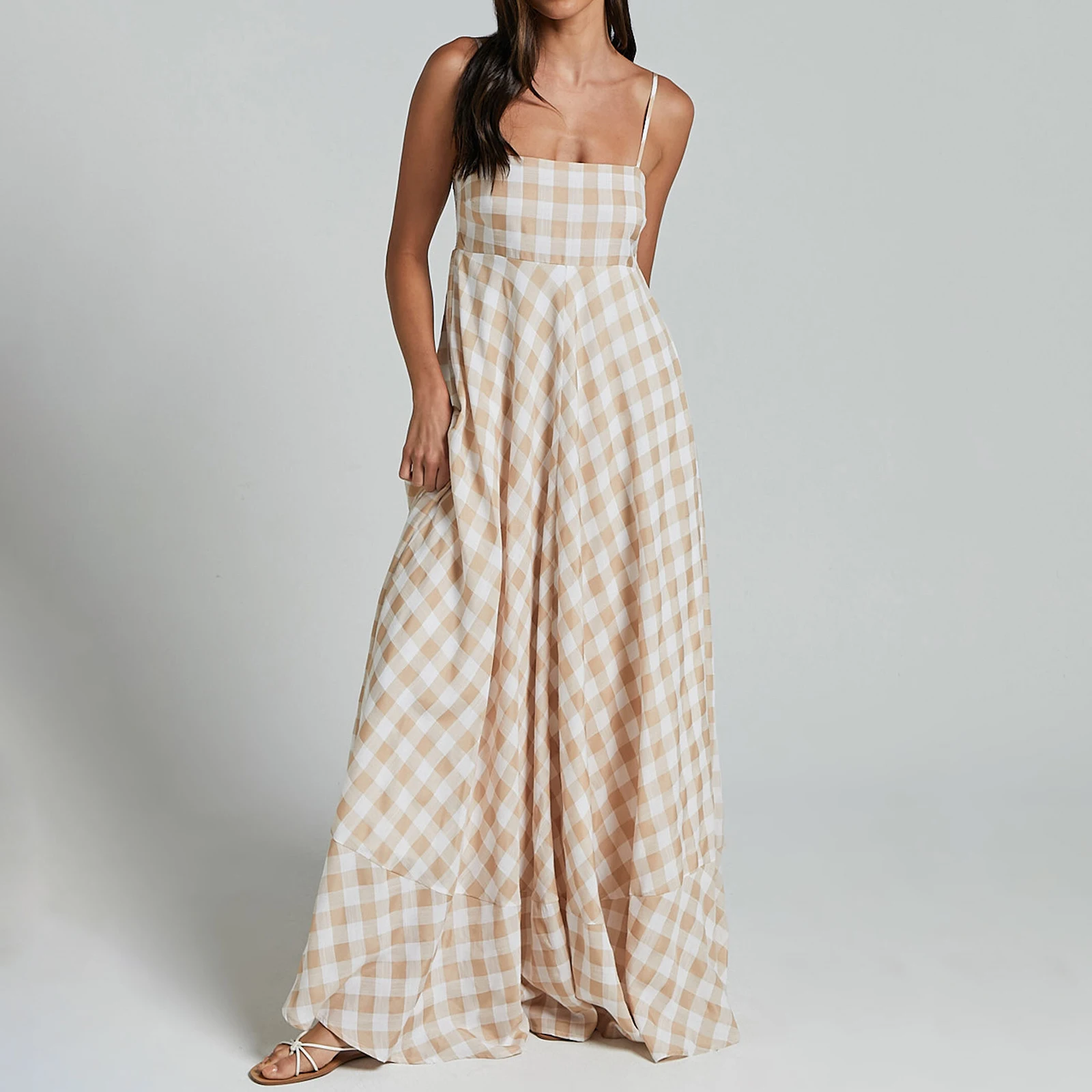 hirigin Fashion Women Plaid Maxi Dress Y2K Sleeveless Spaghetti Strap Flowy Smocked Long Dress Summer Beach Boho Sundress