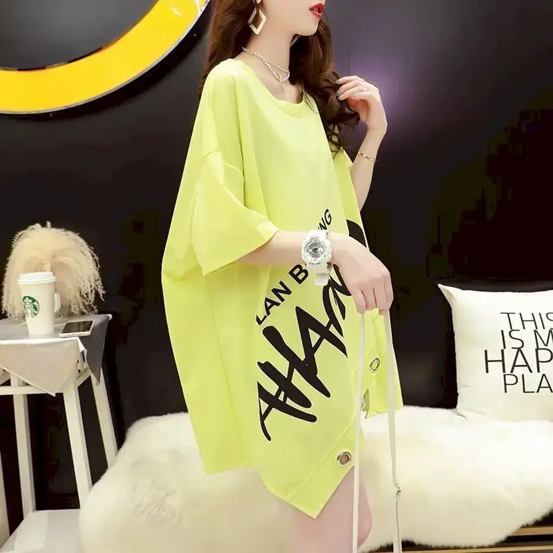 Womens T Shirt Irregular Short Sleeve T-shirt Summer Trend Loose Mid-length Top Fashion Design Oversized Thin Half Sleeve Tshirt