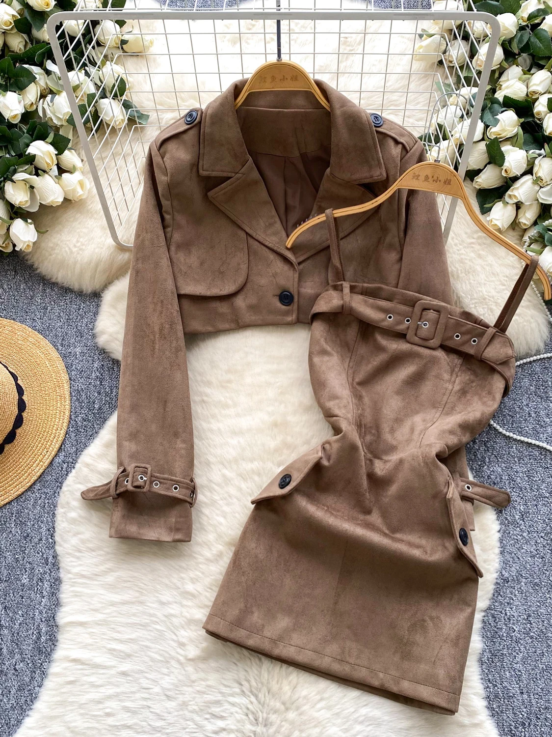 Коричневый кожаный бархатный женский комплект Dr, сексуальный поясной ремень, длинный све или Jaet Faion, комплект с высокой талией, стандартной длины