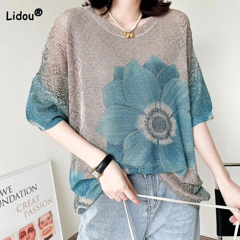 Fashionable Loose Female Floral Print T-shirt Summer New Women's Clothing Korean All-match Round Neck Diamonds Spliced Tops