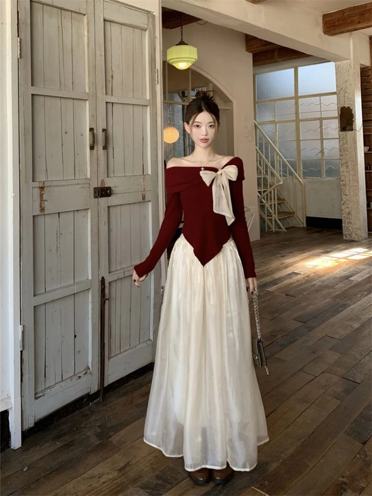 Women's Heiress Style Shimmering Chiffon Patchwork Midi Skirt and One Shoulder Bow Long Sleeve Knit Top Set
