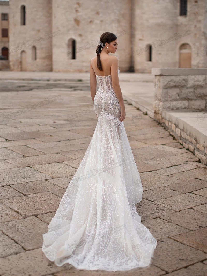 Robe de mariée sirène sans bretelles avec appliques en dentelle, gaine sexy, longueur au sol, robe de mariée exquise, élégante, nouvelle, éducative