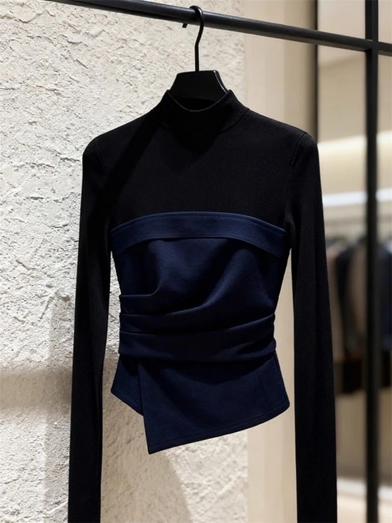 

Faionable Luxury Asymmetrical Color Blo Long Sve T-irt Women's High Collar Single Piece Winter Top Ele Sli