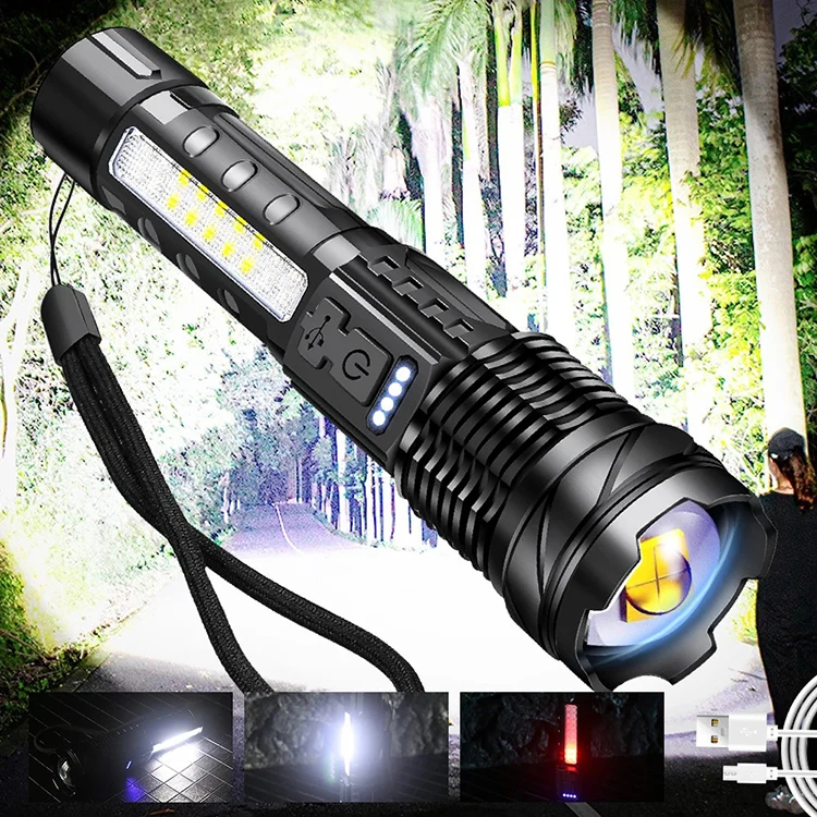 2000 Lumen High Power Flashlight Side LED Red Light Work Lights Zoom Zoom Focus Rechargeable Hand Torch with Power Display