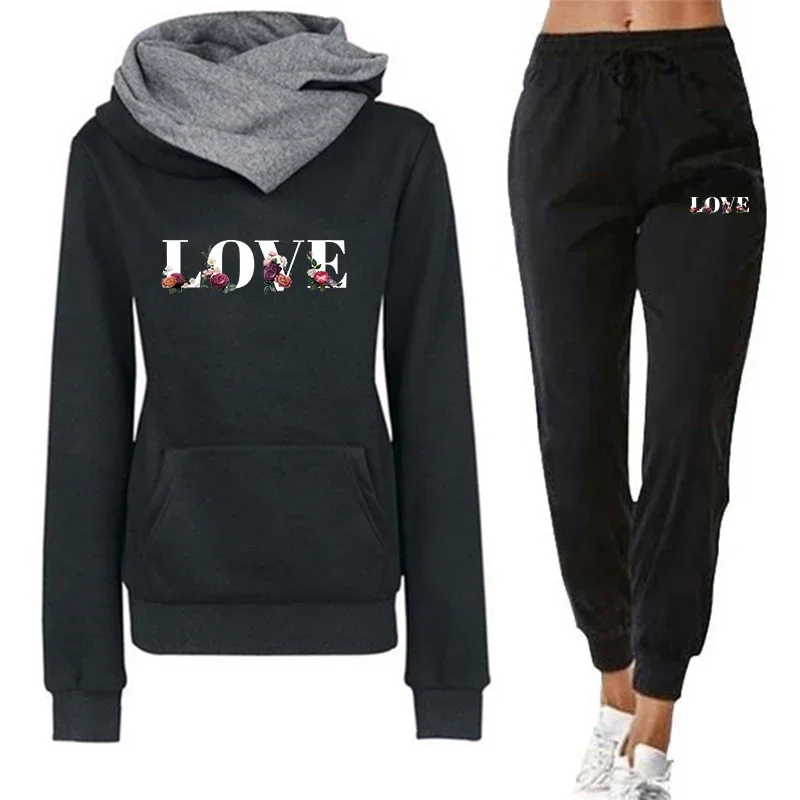 2025 Hot Sale Women's Fashion Tracksuit Love Letter Flower Printed Hoodies Sweatpants Ladies Daily Casual Sports Jogging Suits