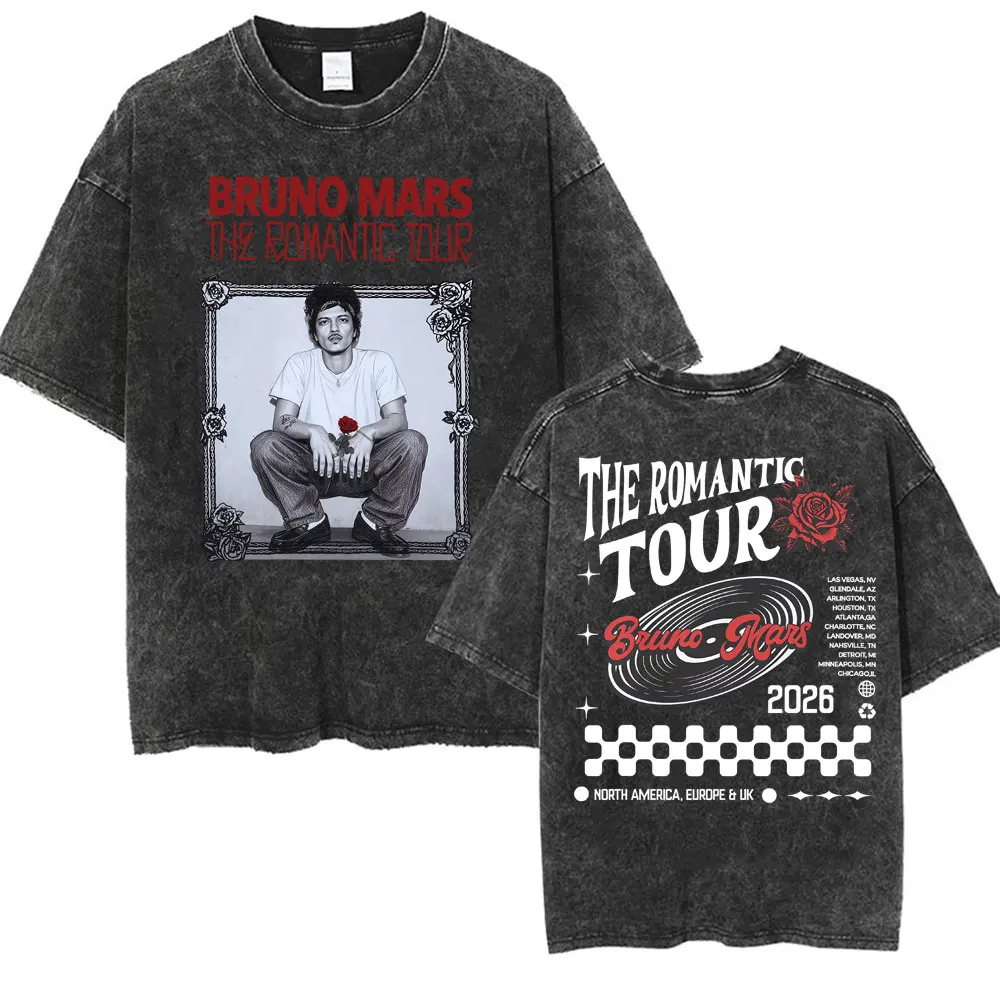 Camiseta Masculina Vintage Lavada 2026 Verão Bruno Mars The Romantic Tour Moda Gótica 100% Algodão