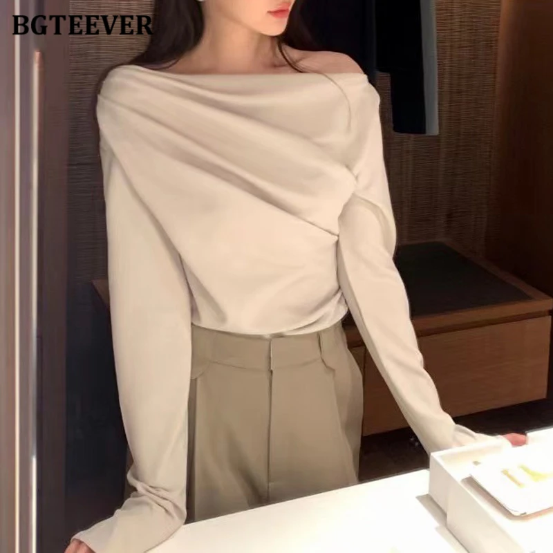 BGTEEVER Elegant Slash Neck Women Pullovers T-shirts Long Sleeve Loose Female Tops Spring Fashion Ladies Tees