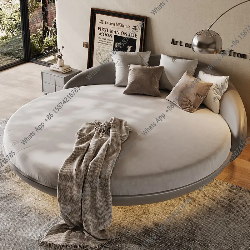 

Кожаная большая круглая кровать, современная минималистичная двуспальная кровать, романтическая кровать для пар, для отелей и гостевых домов.