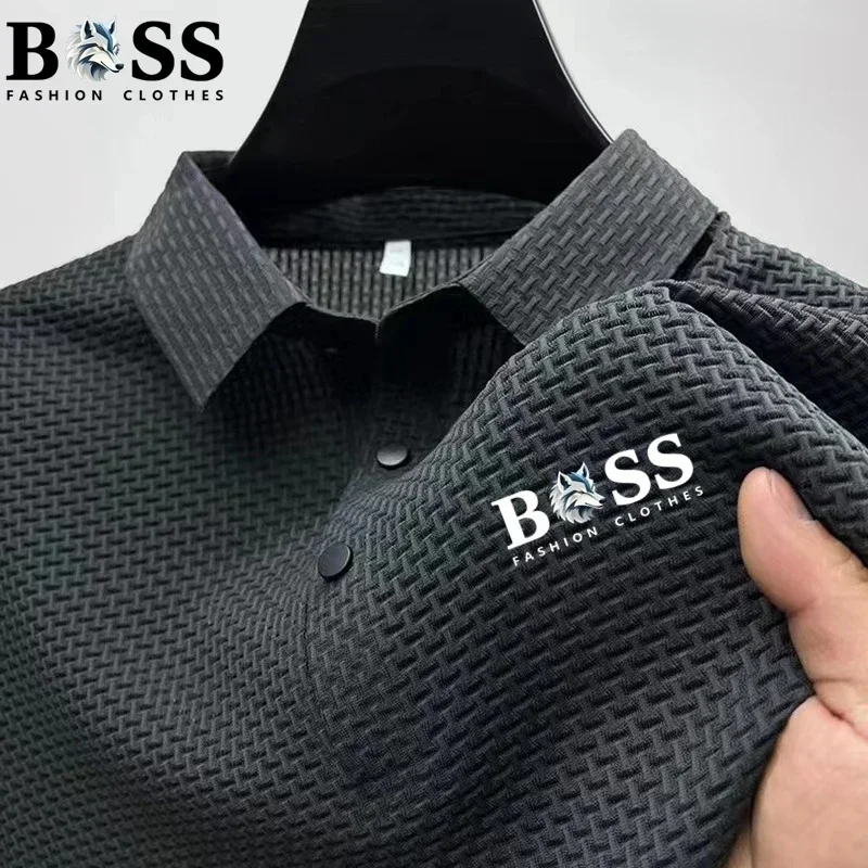 Kaus Polo Lengan Pendek Tanpa Kerah Cepat Kering Sutra Es Tren Mewah Kasual Pria 2025 - Musim Panas Bernapas Nyaman Berkualitas Tinggi