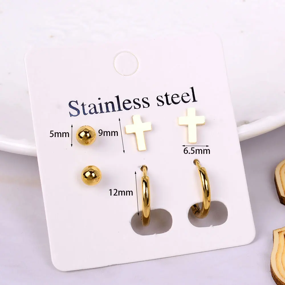 3 pair/Set Fashion Stainless Steel Hoop&Stud Earrings Cute Star Moon Cross Butterfly Women Piercing Daily Earring Jewelry Set