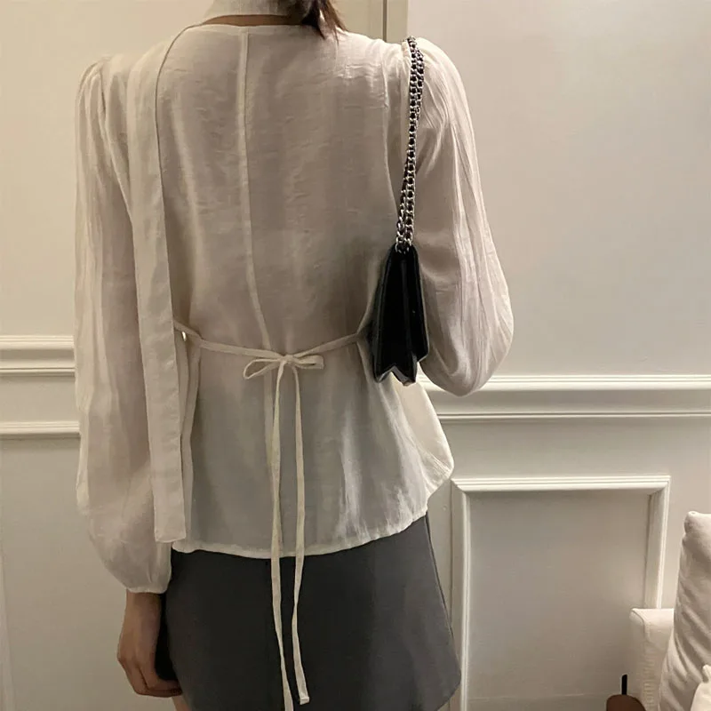 เสื้อเชิ้ตผู้หญิงแขนยาวผูกเชือก คอเหลี่ยม กระดุมแถวเดียว สีพื้น เรียบหรู ดูดี มีสไตล์ สำหรับฤดูใบไม้ผลิและฤดูใบไม้ร่วง