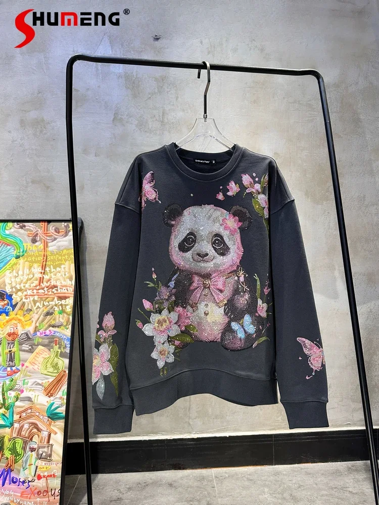 2025 Women's Spring New Light Luxury Trend Panda Crew Neck Bottom Shirt Fresh Flowers New Chinese Design Hot Diamond Sweatshirts