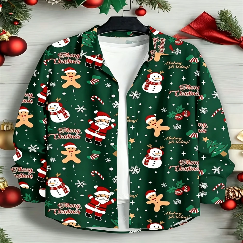 Men Christmas Print Long Sleeve Shirt Santa Snowman Gingerbread Man Pattern Lapel  Shirts Casual Holiday Party Xmas Tops For Men