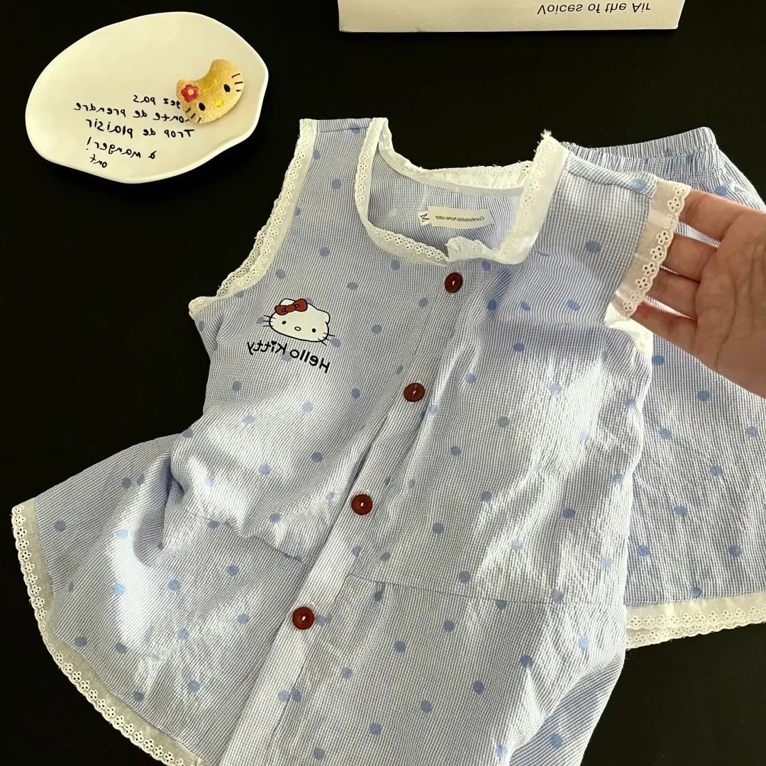 الدانتيل مرحبا كيتي منامة مجموعة المرأة الصيف الأزرق المشارب الحمالات السراويل ملابس المنزل فتاة طالب المتسكعون دعوى ملابس خاصة