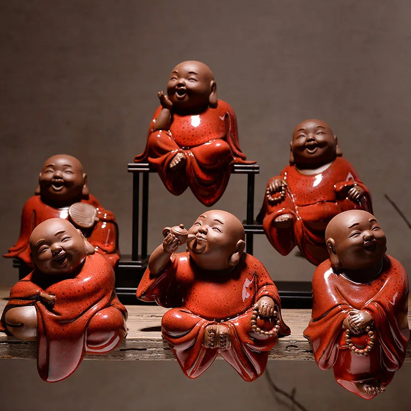 Chinese red Zen ceramic handicrafts Zhaolai Maitreya smiling Buddha Buddha living room antique rack decoration