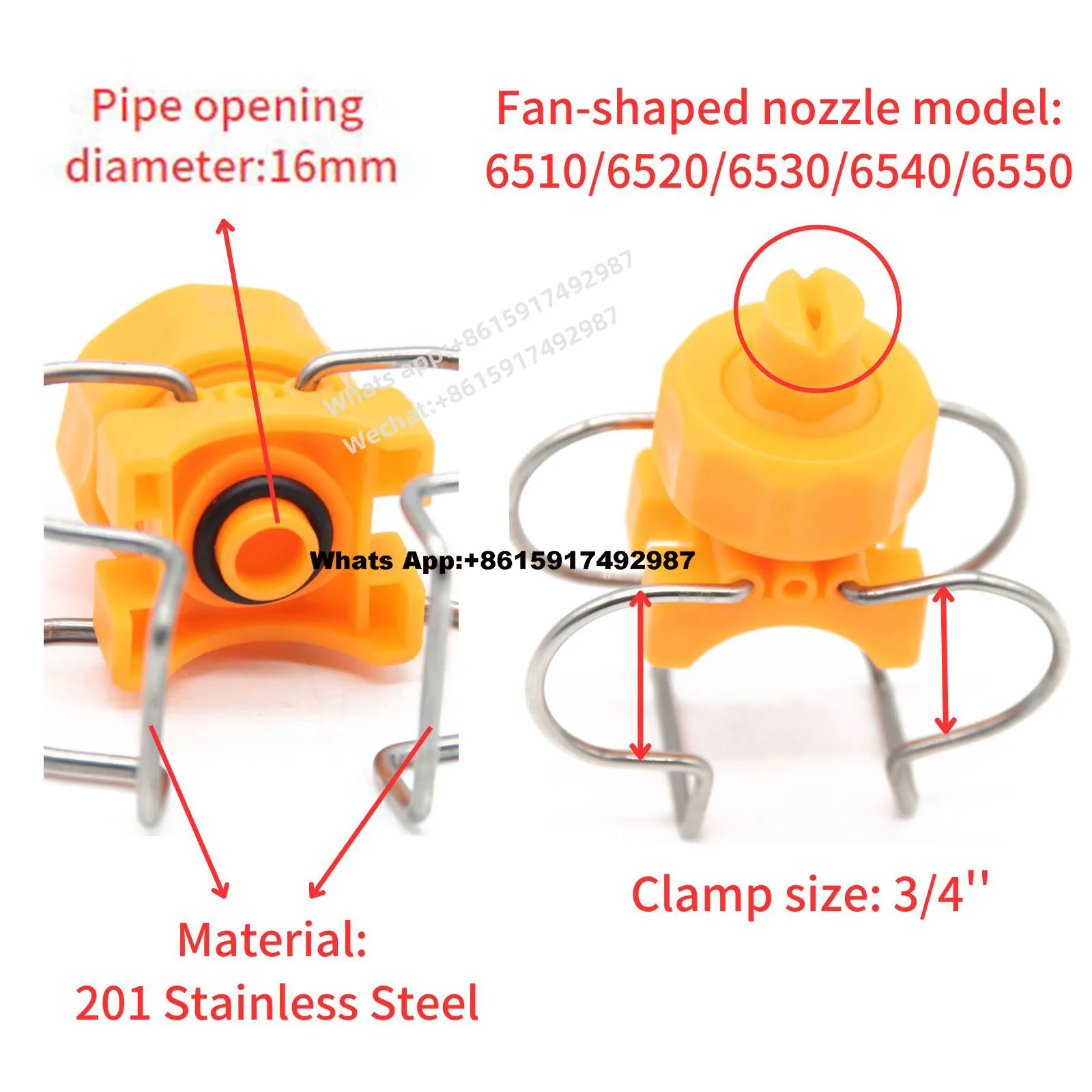 Plastic Fan-Shaped And Cone-Shaped Nozzle Double Clip 201 SS 3/4’’ Clamp 16mm Eyelet Industrial Atomization Cleaning