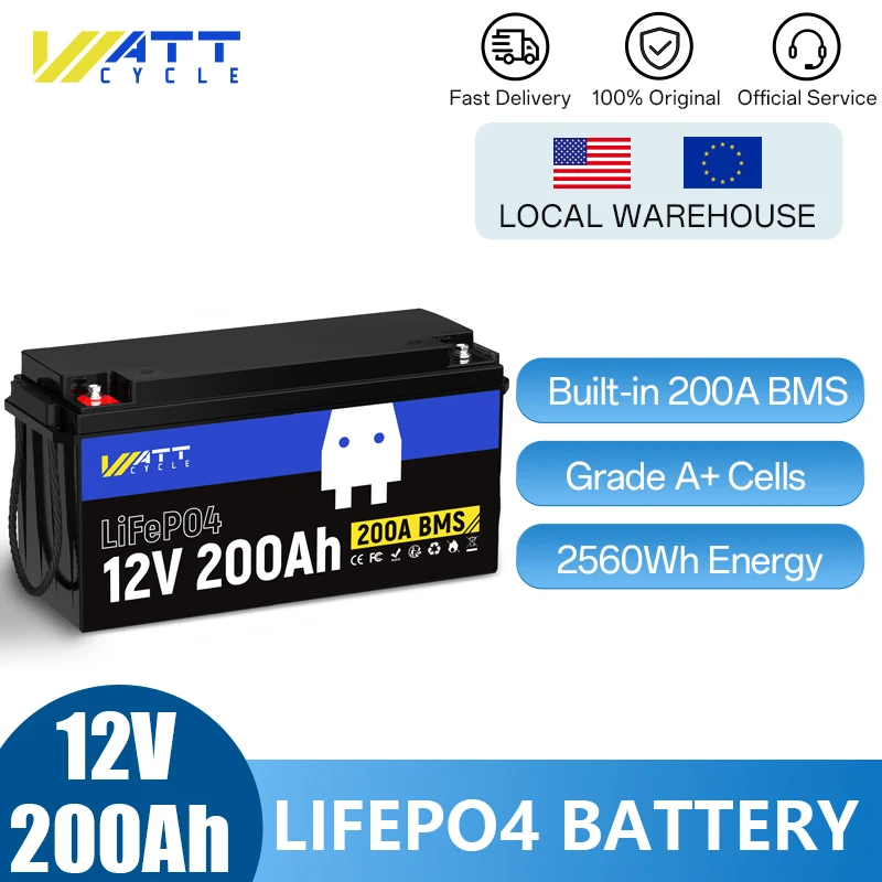 Wattcycle Lithium Iron Phosphate Battery 12V 200Ah Rechargeable Lifepo4 Battery for Marine/RV/Golf Cart/Home Solar System, etc