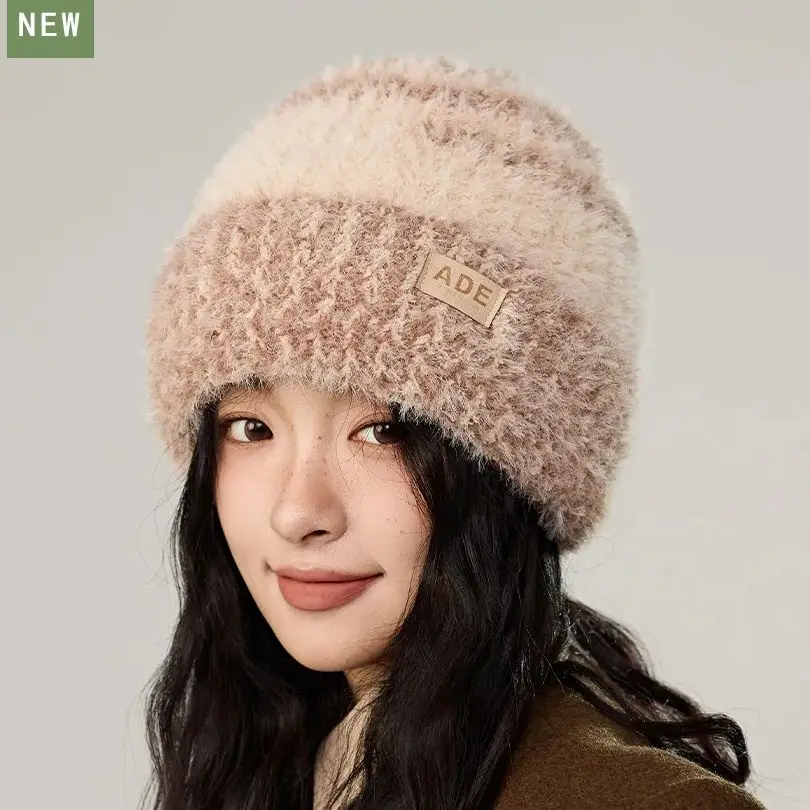 قبعة نسائية شتوية محبوكة سميكة مبطنة بالصوف كتلة ألوان قطيفة تغطي الأذن قبعة دافئة #5