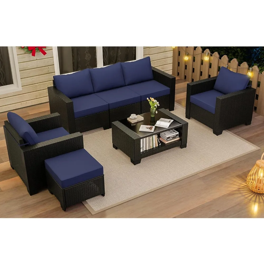 

Patio Furniture Set 7 Pieces Conversation Sets, Outdoor Sectional Sofa, All-Weather PE Rattan Modular Sofa with Cushions and Gl