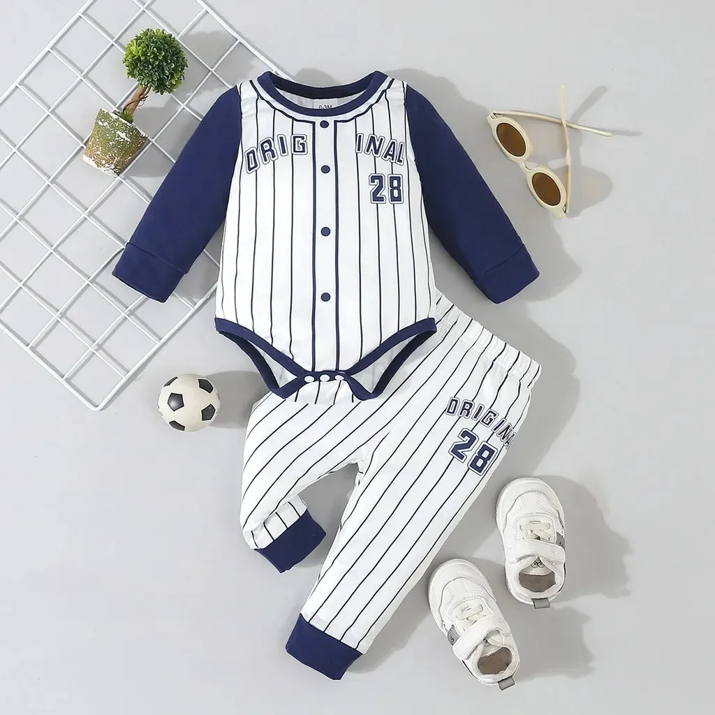 Conjunto de Estilo Béisbol para Bebé Niño, Body de Manga Larga con Letras y Rayas + Pantalones Largos a Rayas para Bebés de 0 a 18 Meses, Conjunto Casual de Otoño