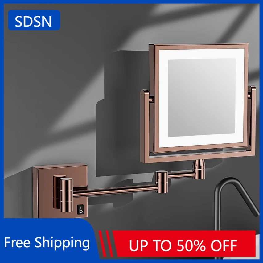 Specchio da bagno a LED quadrato in oro rosa Specchio da bagno illuminato a parete Accessori per specchi da bagno con ingrandimento 3X