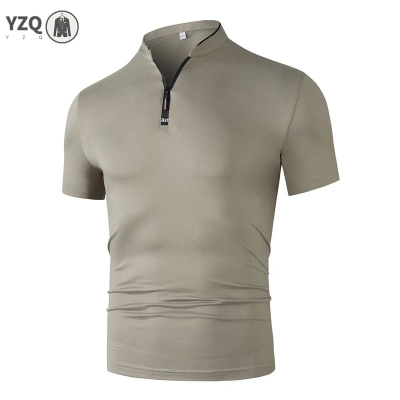 Men's Casual Fashion Zippered Solid Color Short Sleeve Polo Shirt Stand up Collar Versatile Comfortable Top