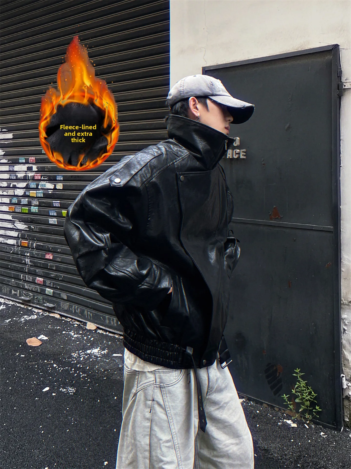 

Thickened Fleece Warm PU Leather Jacket Motorcycle Style Stand Collar Windproof Winter Coat for Men Cotton Filled Bomber Jacket