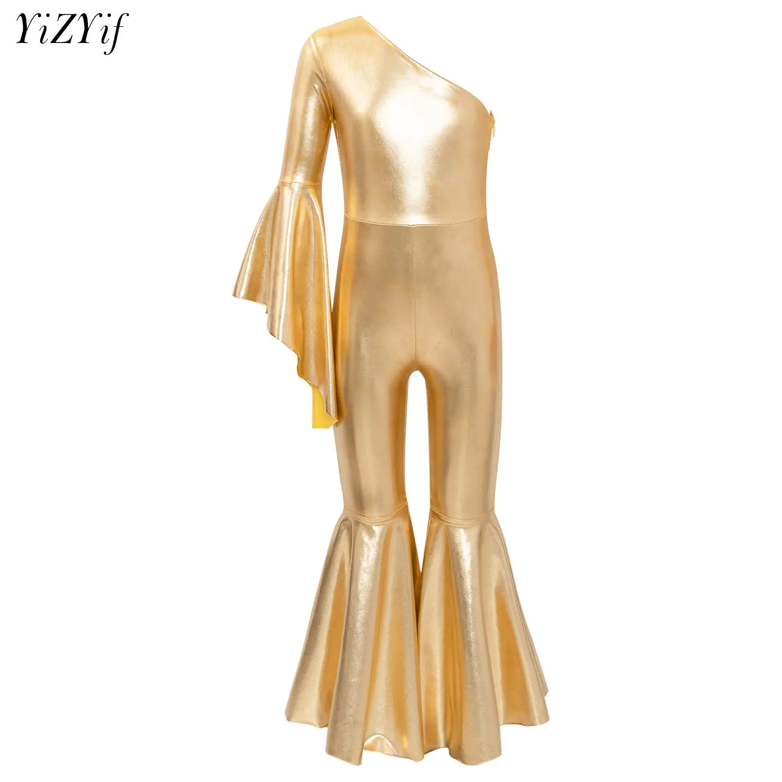 Kids Girls Latin Jazz Metallic Bell-Bottoms Dance Jumpsuit One Shoulder Bodysuit Carnival Festival Stage Performance Costume