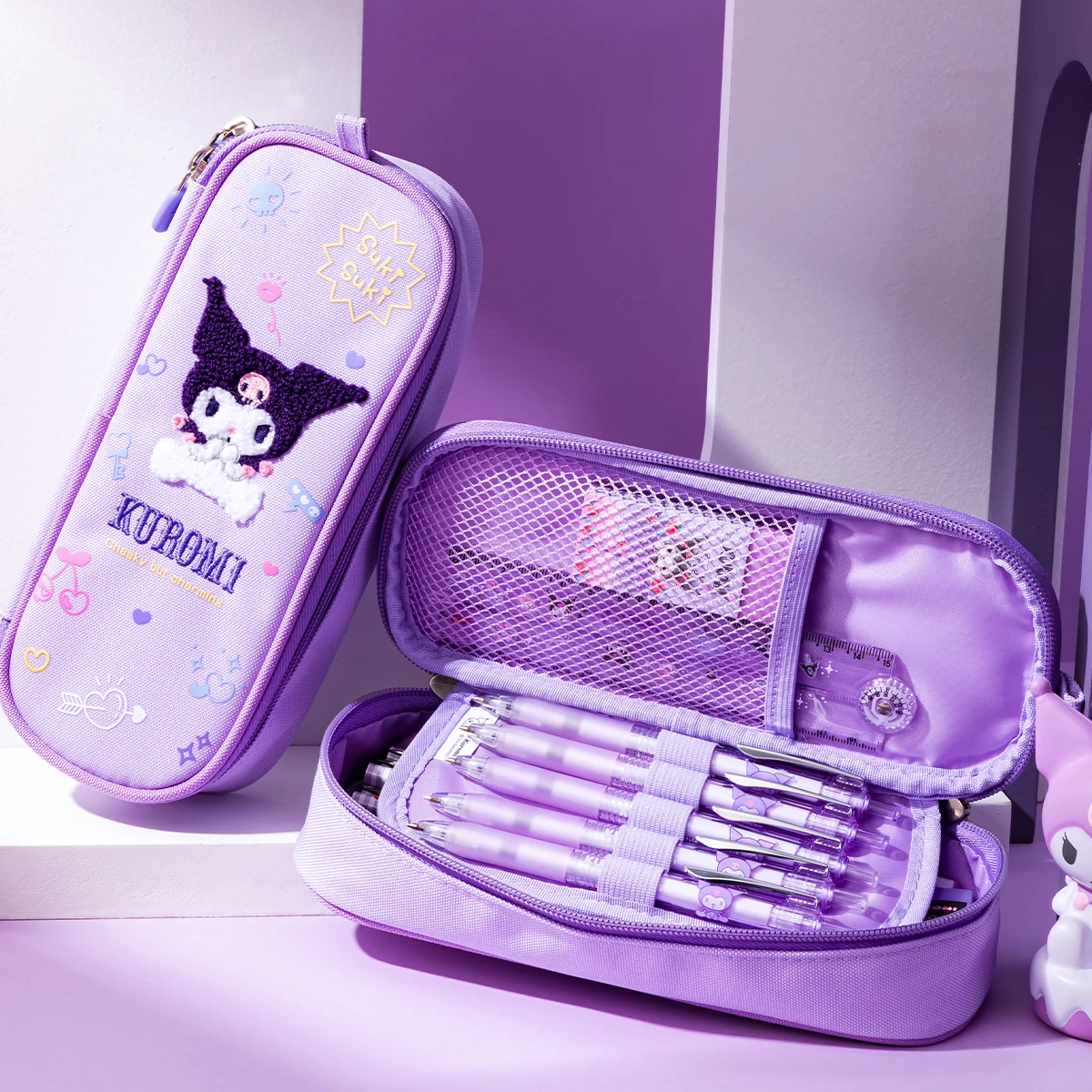 Sanrio Kawaii Student Stationary Large Capacity Pencil Box School Supplies Embroidery Pencil Case Kuromi Pen Storage Bags