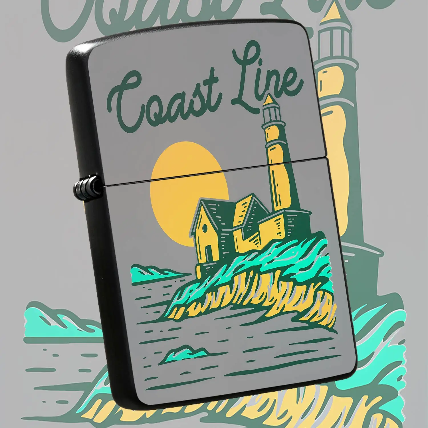 Vintage Coast Line Lighthouse Printed Lighter, Stylish Seaside Sunset Coastal Scenery Portable Igniter, Ideal For Outdoor Camping Picnic Daily Carrying, Exquisite Patterned Accessory For Personal Use Or Gifting On Vario A Humorous And Inter