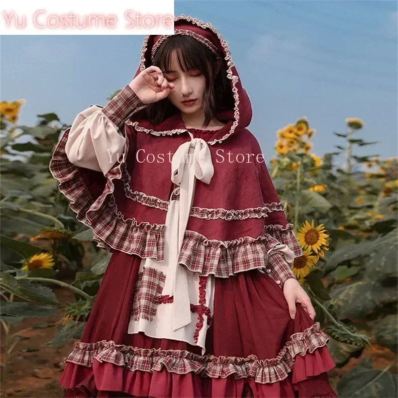 

Yu Costume Sweet Girl Lolita Women Dress Vintage Patchwork Red Dress with Cloak Cute Female Bing Cosplay Little Red Riding Hood