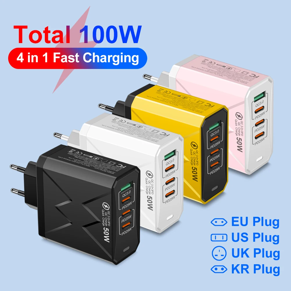 EU/US/UK Plug 4 in 1 PD25W Fast Charger For iPhone Samsung Xiaomi Huawei oppo Mobile Phone Adapter