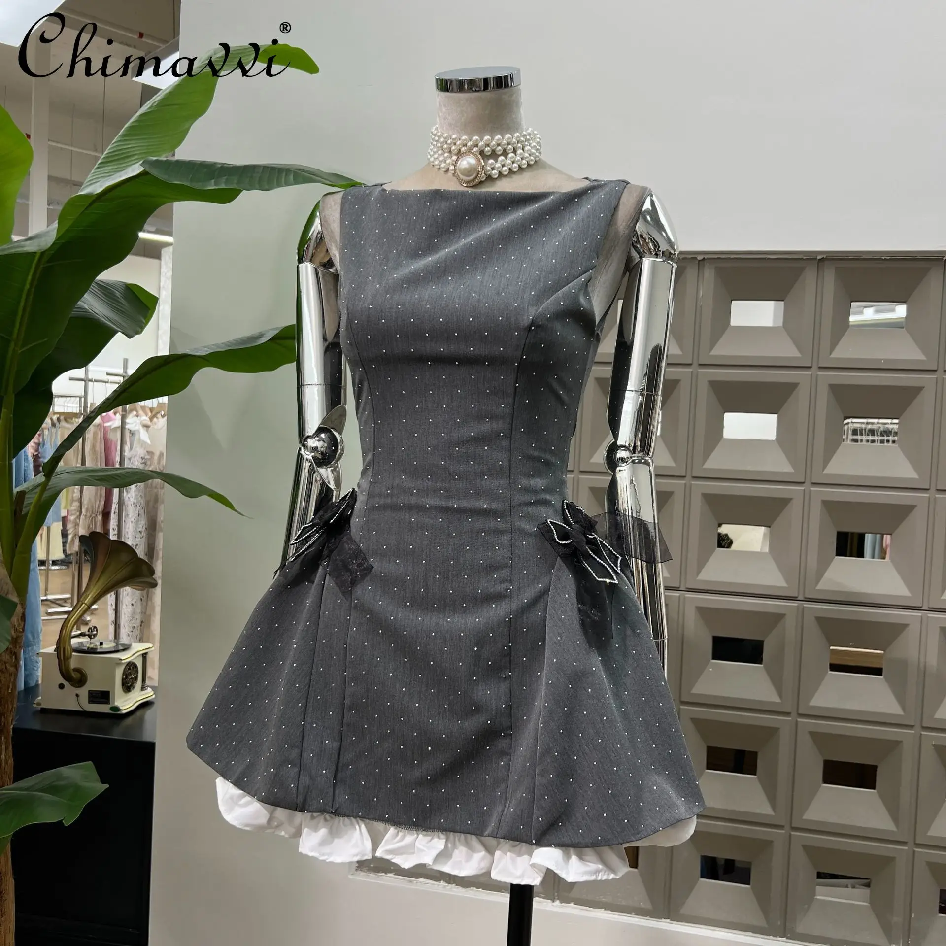 

French Elegant Sweet Socialite Short Dress Sleeveless High Waist Slim Bow Dot Simple Grey Birthday Party Mini Dress Women Summer