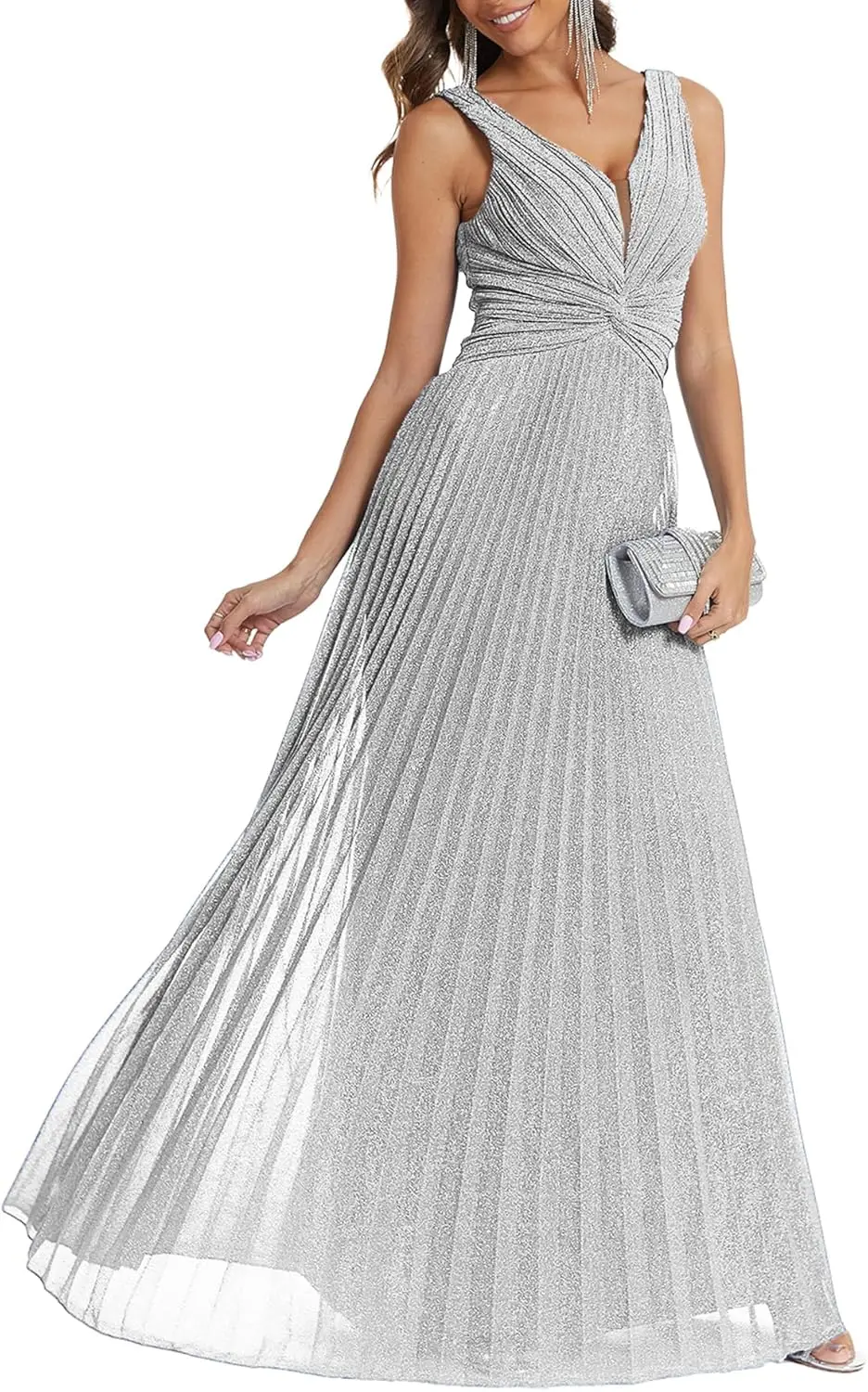 ชุดเดรสค็อกเทลสตรีคอวีเอวสูงจีบชุดราตรีแขนกุดเอ-ไลน์ชุดพร้อมเอวผูกชุดรับปริญญา