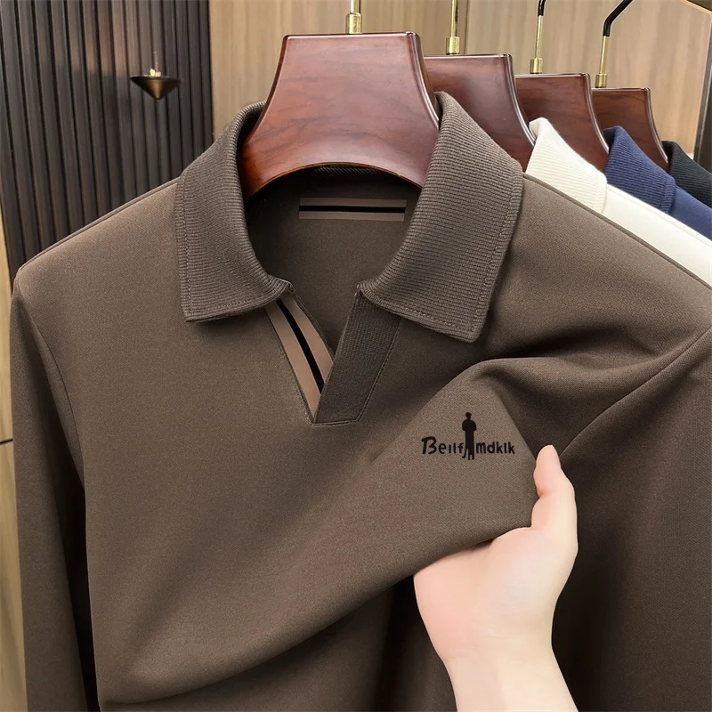 Fashionable Trendy Buttonless Men's Printed Polo Shirt Autumn Skin Friendly Long Sleeve Lapel T-Shirt Regular Fit Men's Clothing
