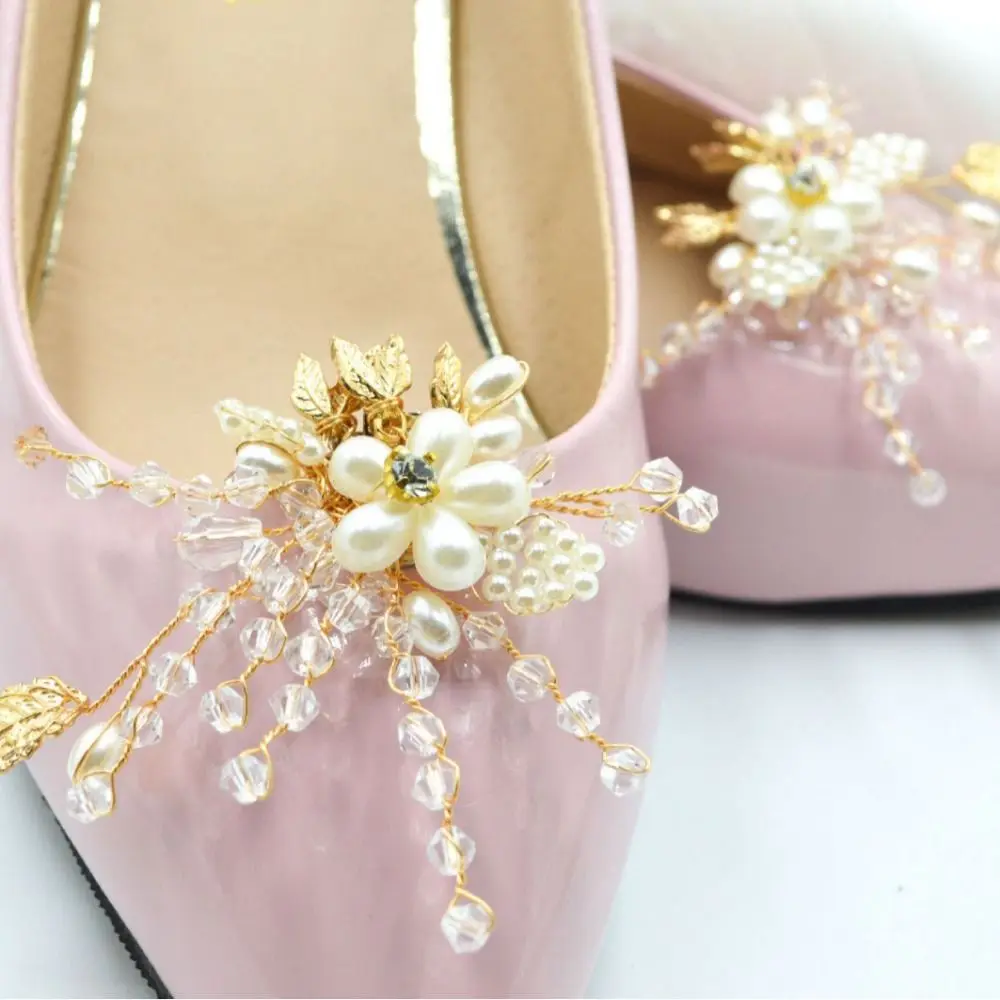 1 زوج DIY أحذية الزفاف اكسسوارات حجر الراين حبات اللؤلؤ عالية الكعب إبزيم حذاء أنيق انفصال أحذية الزفاف الديكور