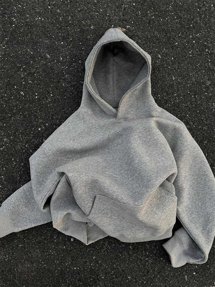 

Grey American Retro Heavyweight Hoodie Men's Short Boxy High-End Feeling Hat Shirt Short Sportswear Casual Loose Fit Long Sleeve