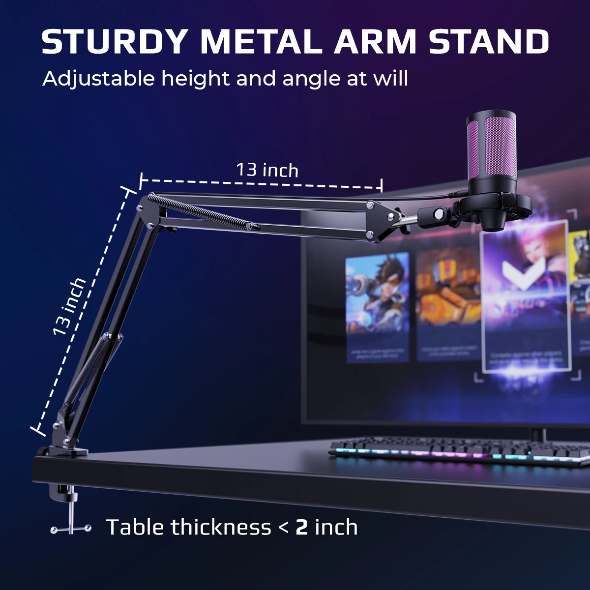 AmpliGame Gaming Microphone Kit with Mute for mobile,USB RGB Condenser Mic Set with Arm Boom for PC,Laptop,PS5,Streaming -A2T
