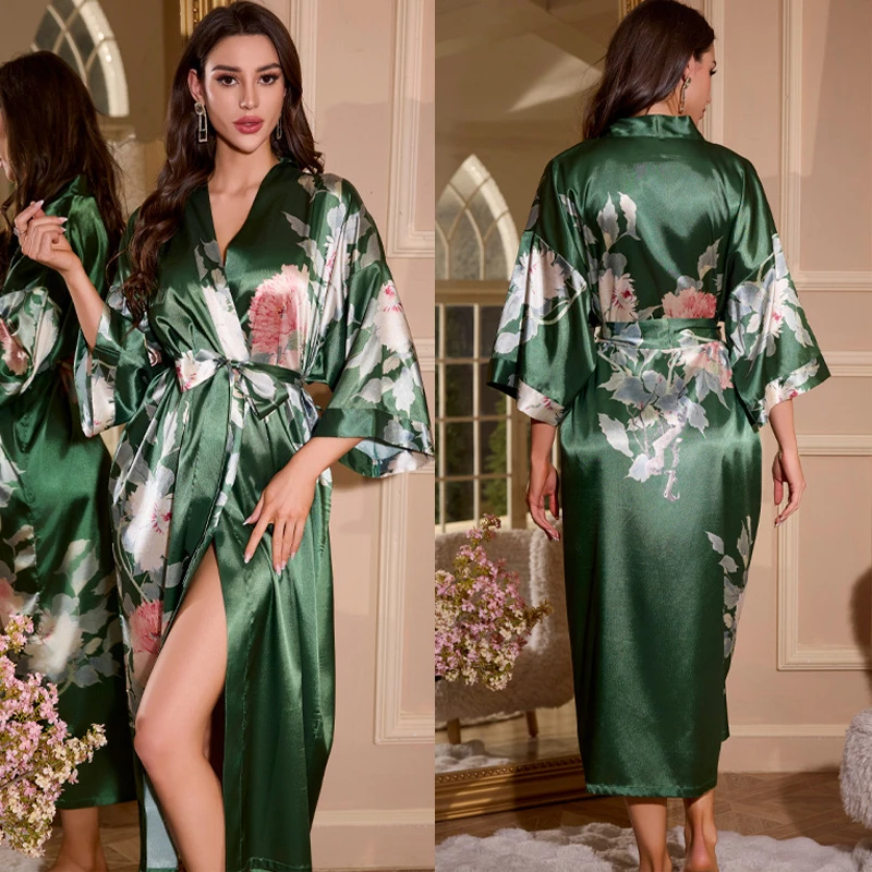 

Oversized Flower Print Long Robe Kimono Bathrobe Gown New Women Sleepwear Home Dressing Gown Sexy Loose Satin Negligee Pajamas