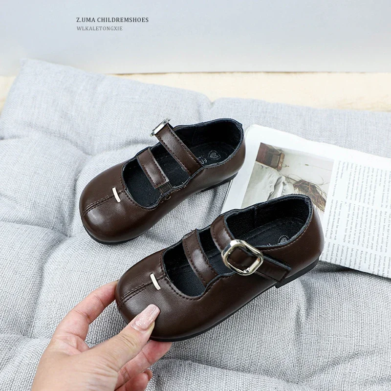 Kids Solid Color Leather Shoes Simple British Style Girls Causal Shoes Fashion Cut-outs Versatile Children Flat Shoes Hook Loop