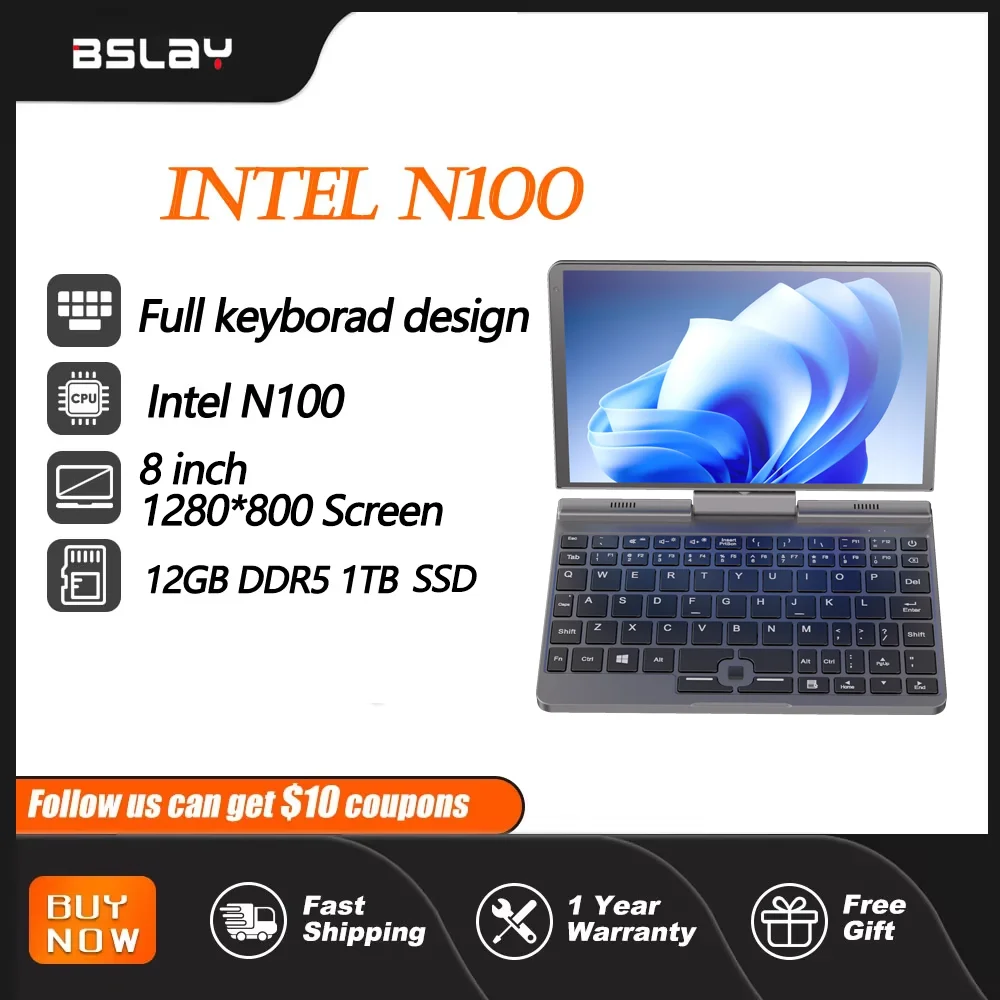 Mini Laptop Intel N100 8 Inch 12GB RAM 1TB SSD DDR5 Win11 4 Cores 4 Threads Touch Screen HD Camrea Notebook Wifi6 Compact Tablet