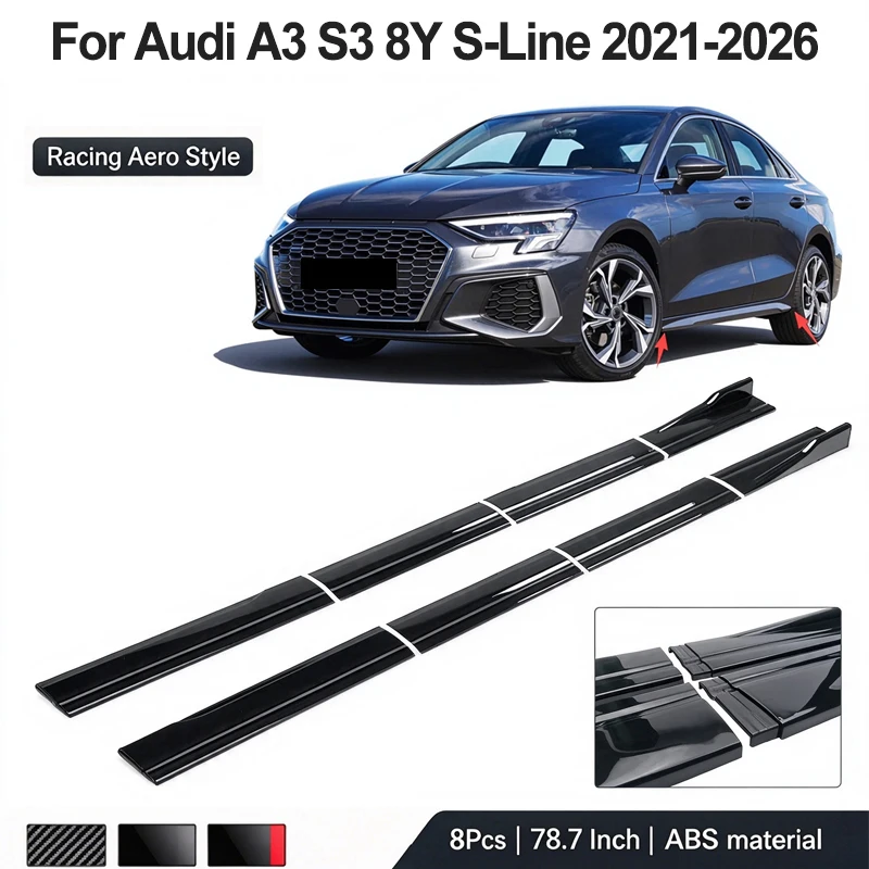 78.7inch/2m Sectional Side Skirt Extension Lips For Audi A3 S3 8Y S-Line 2021-2026 2022 - Racing Side Spoiler Car Mod Body Kit