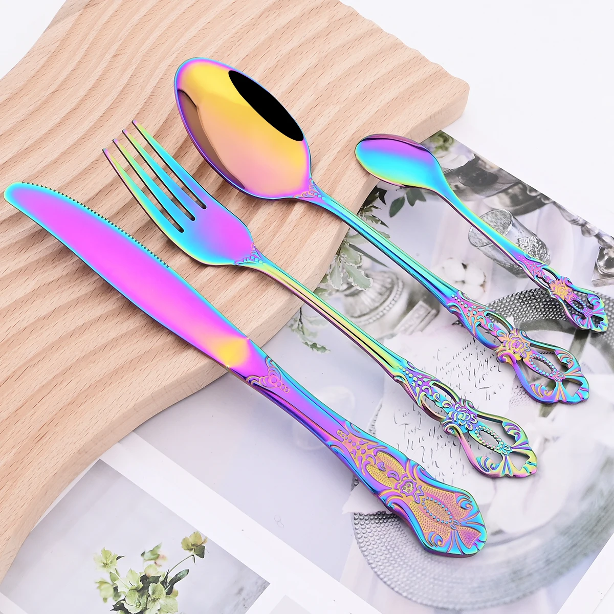 

24Pcs Colorful Dinnerware Set Mirror Stainless Steel Flatware Knife Fork Coffee Spoon Cutlery Set Kitchen Tableware Accessories