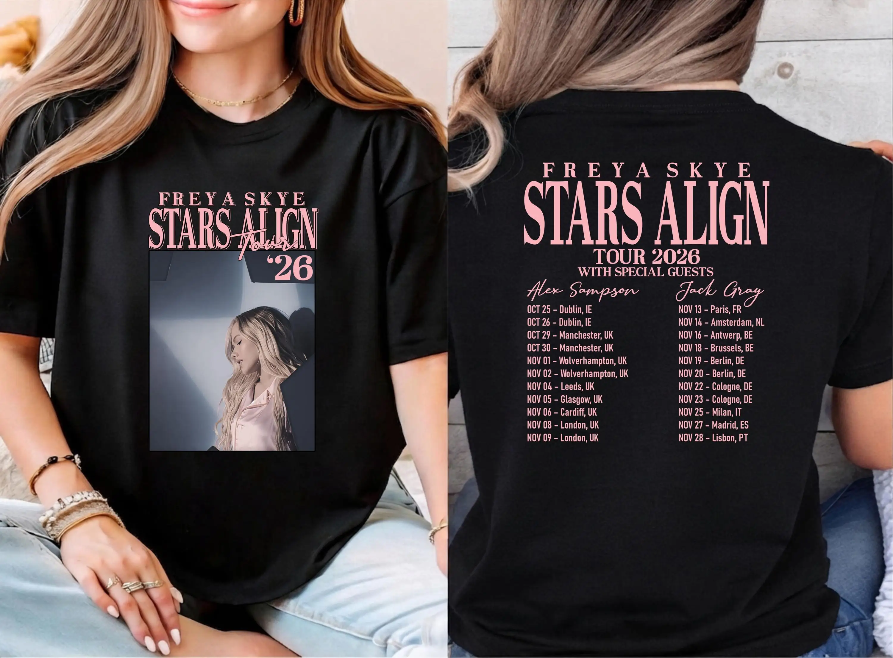2026 New Freya Skye Oversized Unisex Streetwear Stars Align Tour Double Sided Graphic T Shirt Music Concert Portrait Fan Tee