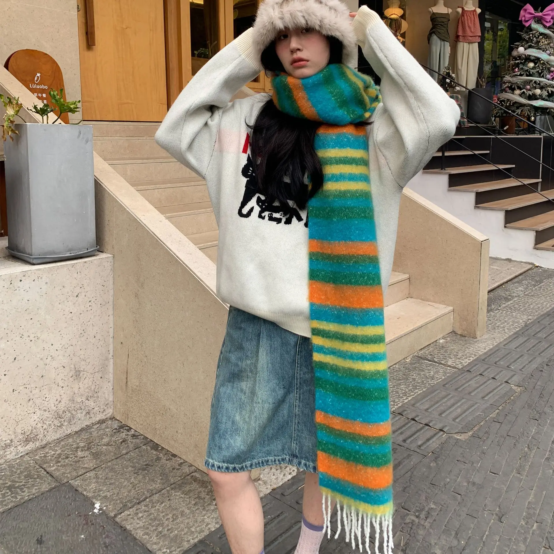 CTRLLOCK Cute Rainbow Stripe Tassel Thick Knitted Colorful Women Long Scarf Winter